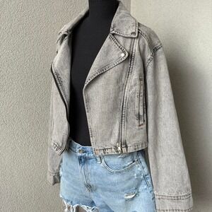 Miss Selfridge crop denim biker jacket in black acid wash Size 4 NWOT